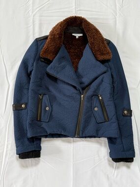 Waverly Grey Navy Bomber Jacket with Brown Shearling Collar Size 6